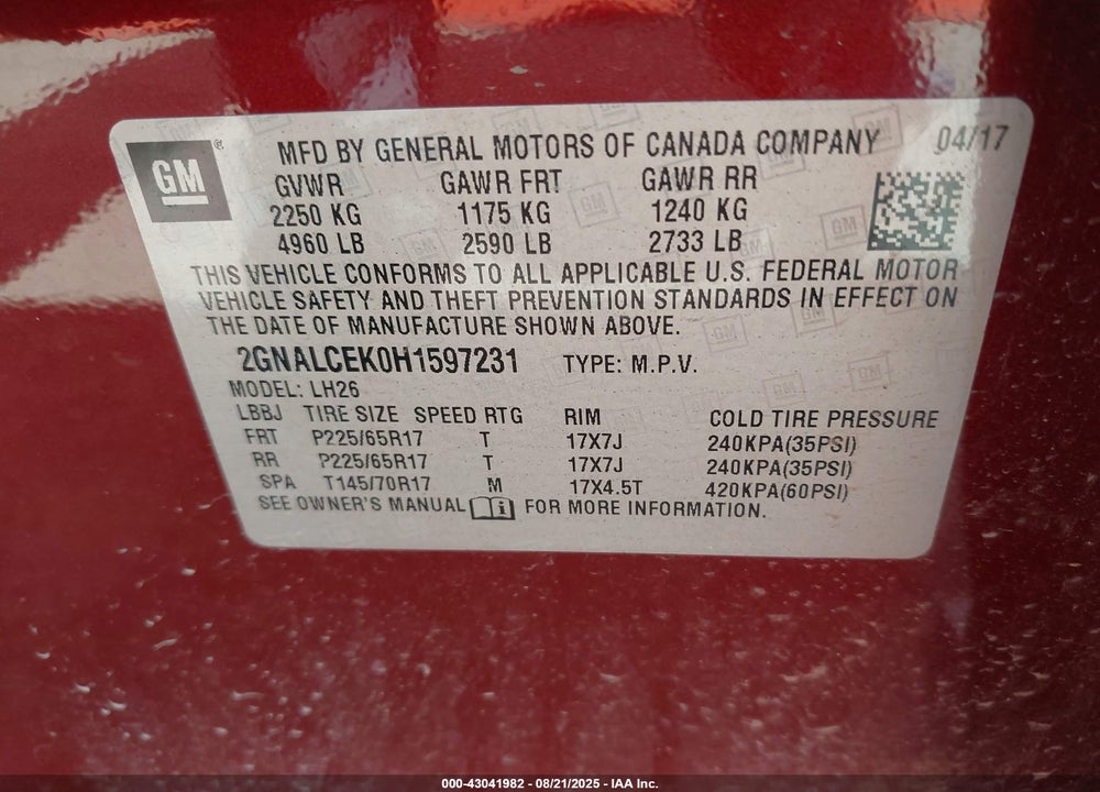 2017 CHEVROLET EQUINOX VIN: 2GNALCEK0H1597231