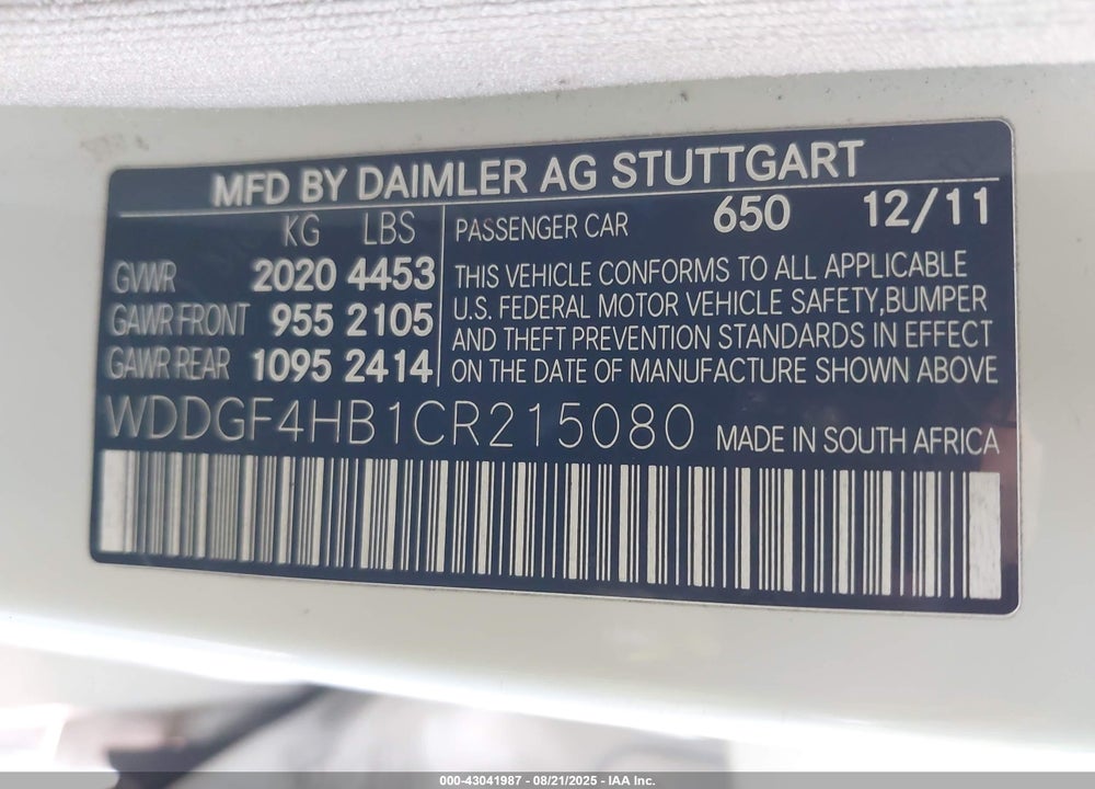 2012 MERCEDES-BENZ C CLASS VIN: WDDGF4HB1CR215080