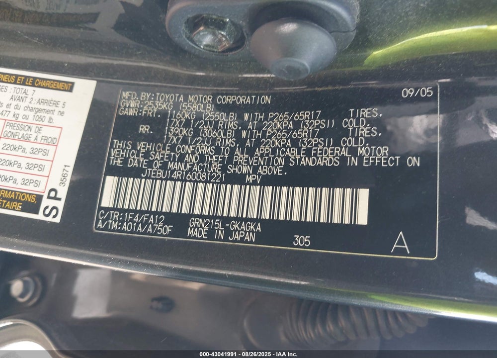 2006 TOYOTA 4RUNNER SR5 V6 VIN: JTEBU14R160081221