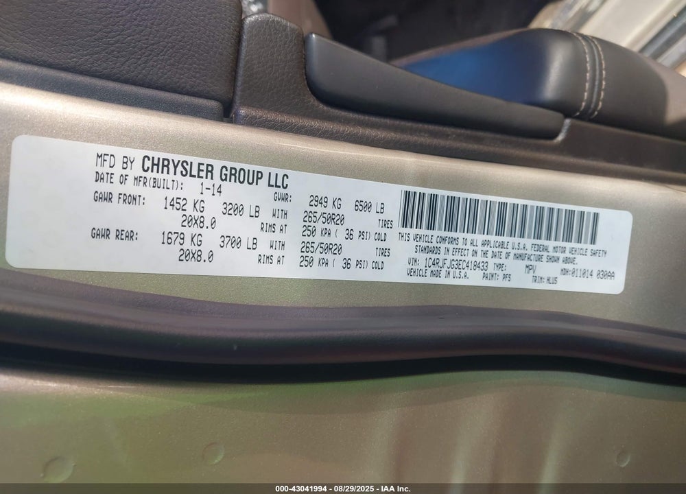 2014 JEEP GRAND CHEROKEE VIN: 1C4RJFJG3EC418433