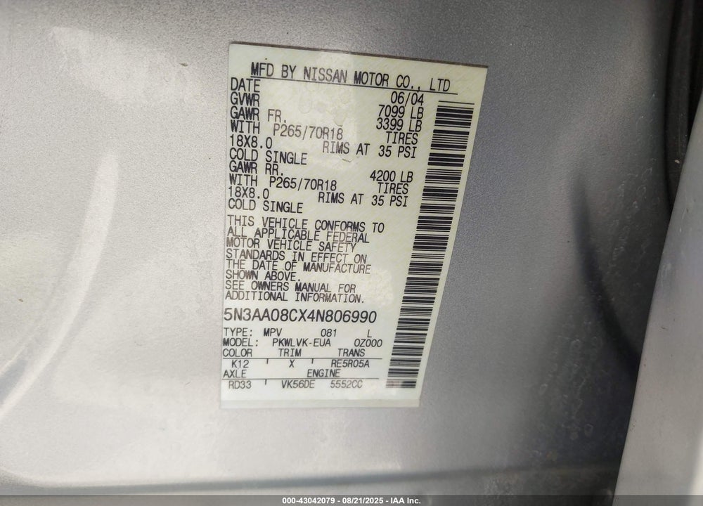 2004 INFINITI QX56 VIN: 5N3AA08CX4N806990