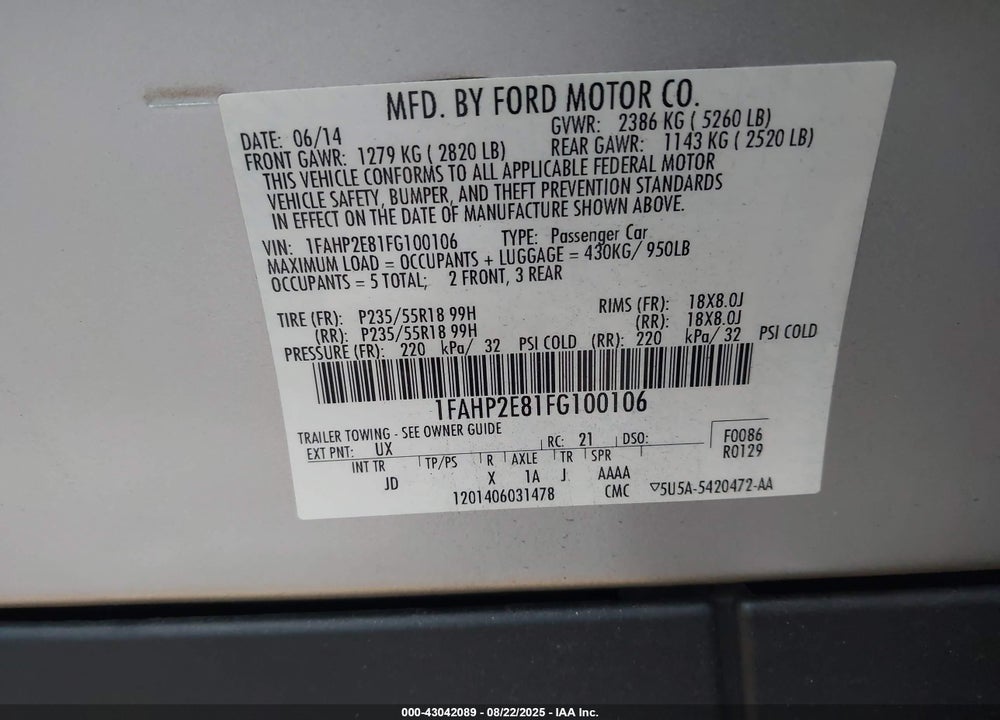 2015 FORD TAURUS VIN: 1FAHP2E81FG100106