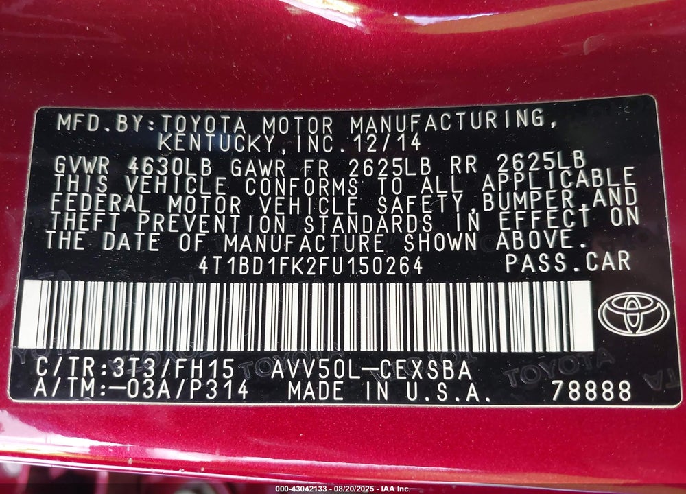 2015 TOYOTA CAMRY HYBRID SE VIN: 4T1BD1FK2FU150264