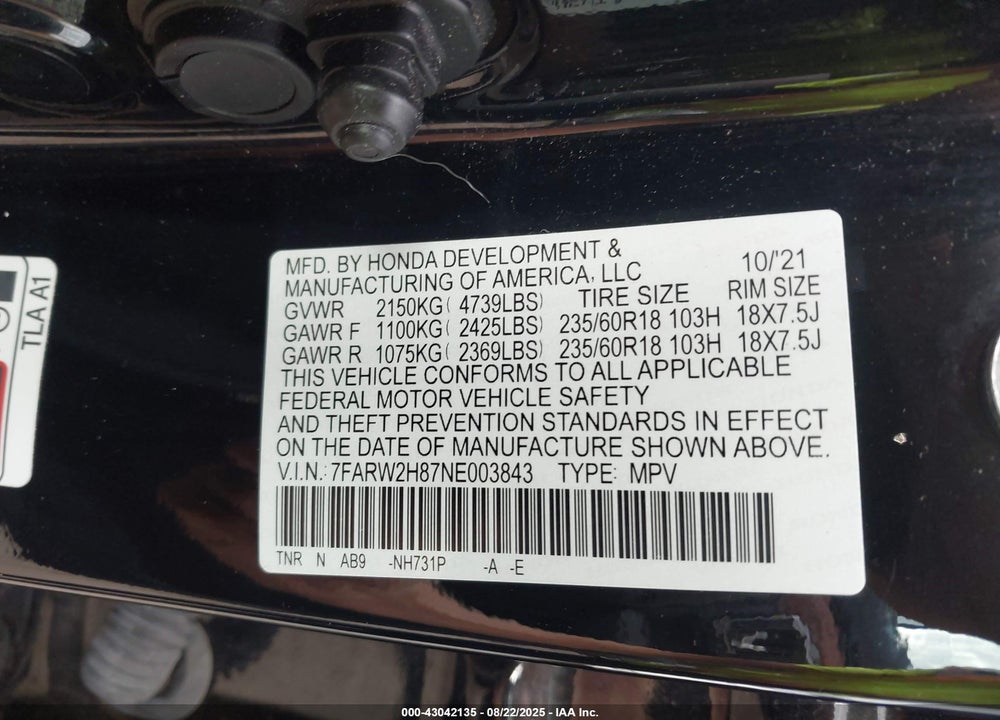 2022 HONDA CR-V VIN: 7FARW2H87NE003843