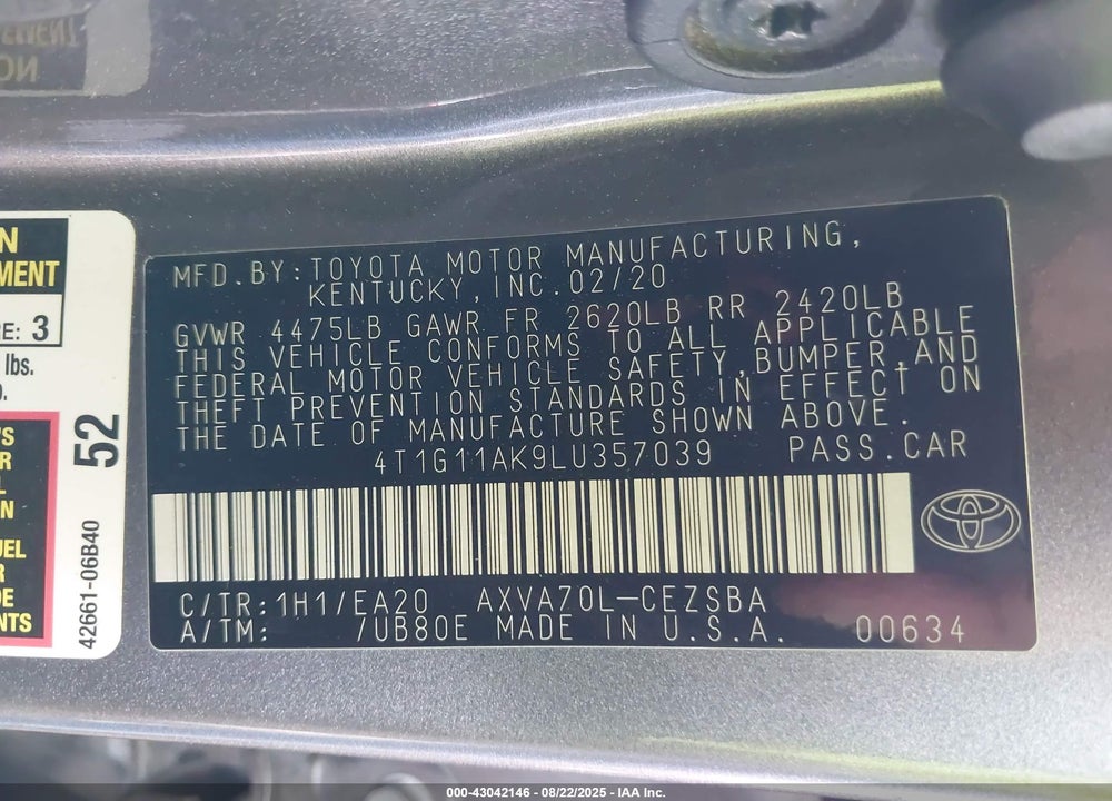 2020 TOYOTA CAMRY VIN: 4T1G11AK9LU357039