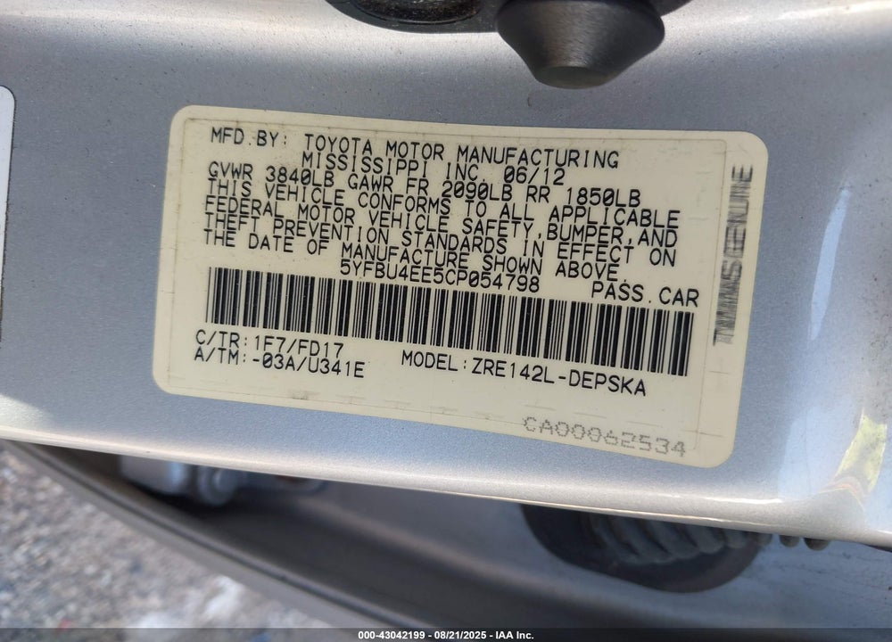 2012 TOYOTA COROLLA VIN: 5YFBU4EE5CP054798