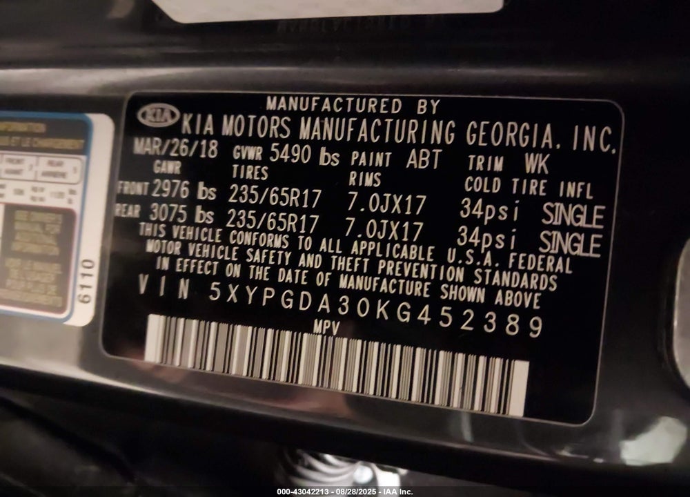 2019 KIA SORENTO VIN: 5XYPGDA30KG452389