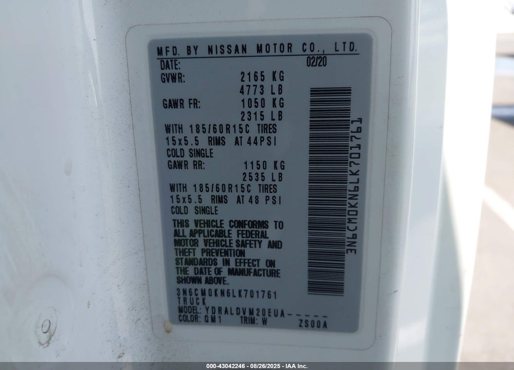 2020 NISSAN NV200  CARGO S XTRONIC CVT VIN: 3N6CM0KN6LK701761