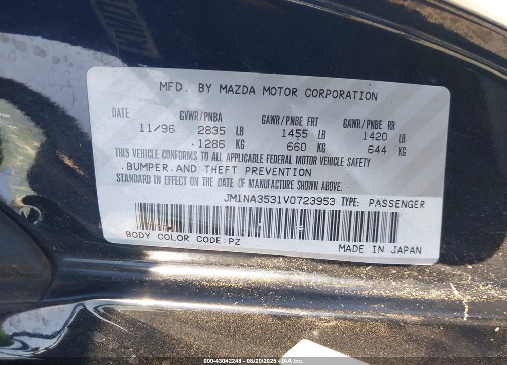 1997 MAZDA MX-5 MIATA LEATHER PKG/M EDITION/POPULAR EQUIPMENT PKG/R PKG./STO/TOURING PKG VIN: JM1NA3531V0723953