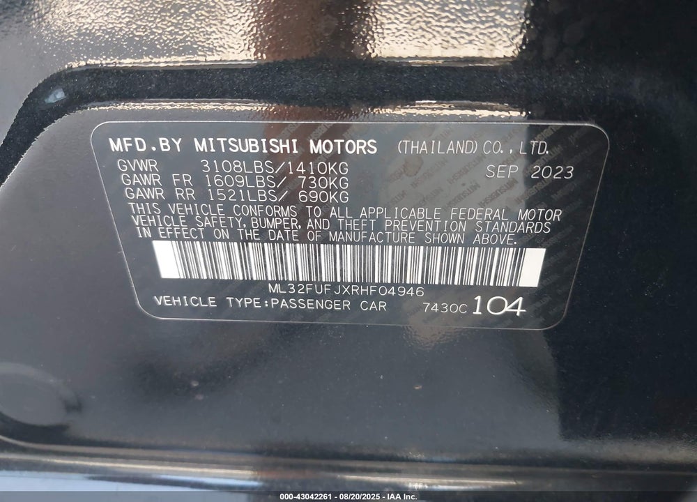 2024 MITSUBISHI MIRAGE VIN: ML32FUFJXRHF04946