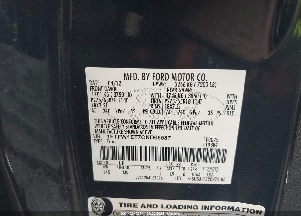 2012 FORD F-150 XLT VIN: 1FTFW1ET7CKD68587