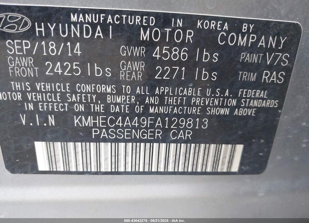 2015 HYUNDAI SONATA HYBRID VIN: KMHEC4A49FA129813