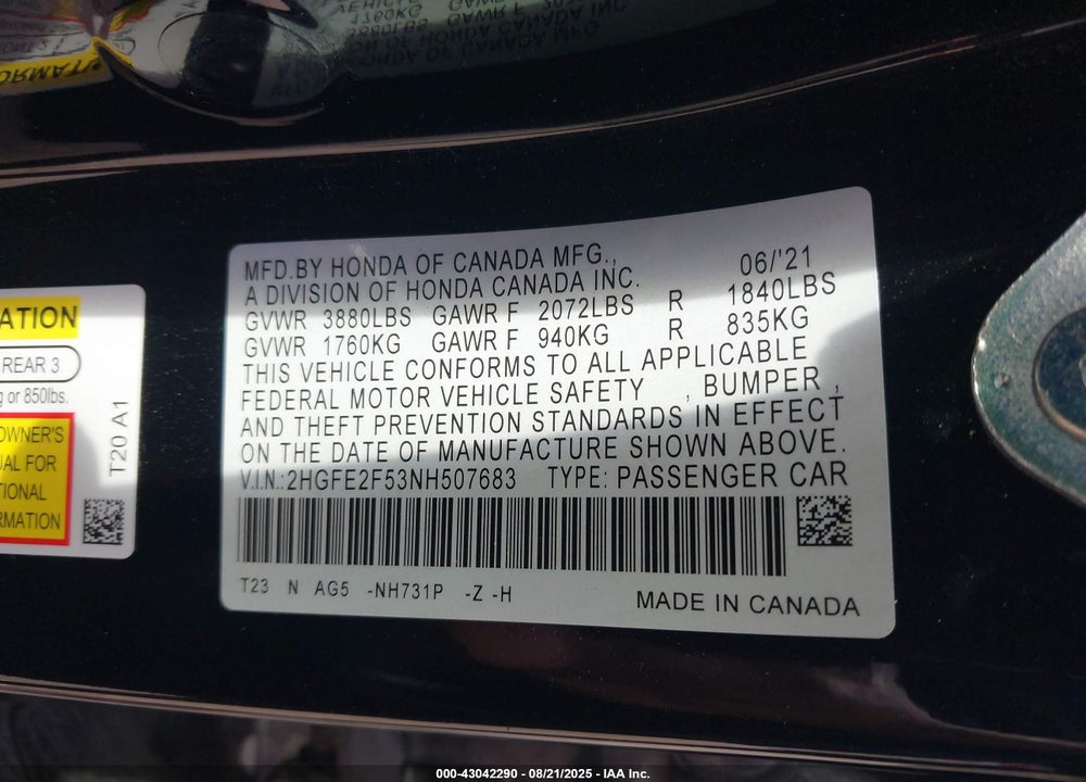 2022 HONDA CIVIC VIN: 2HGFE2F53NH507683
