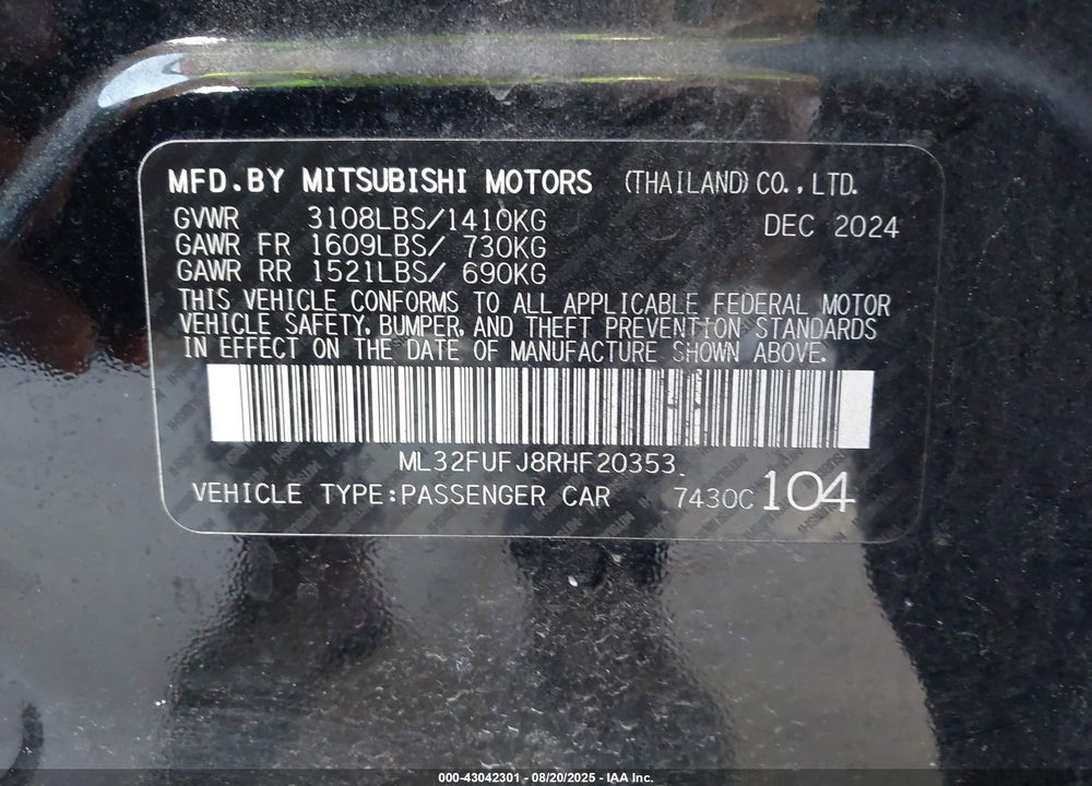 2024 MITSUBISHI MIRAGE VIN: ML32FUFJ8RHF20353