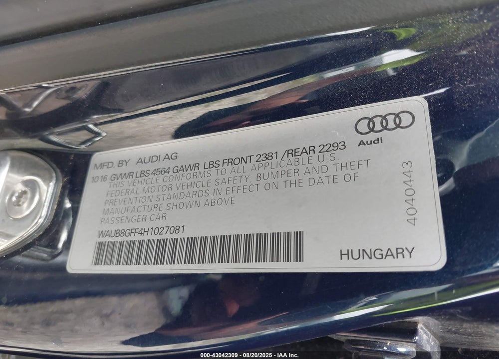 2017 AUDI A3 VIN: WAUB8GFF4H1027081