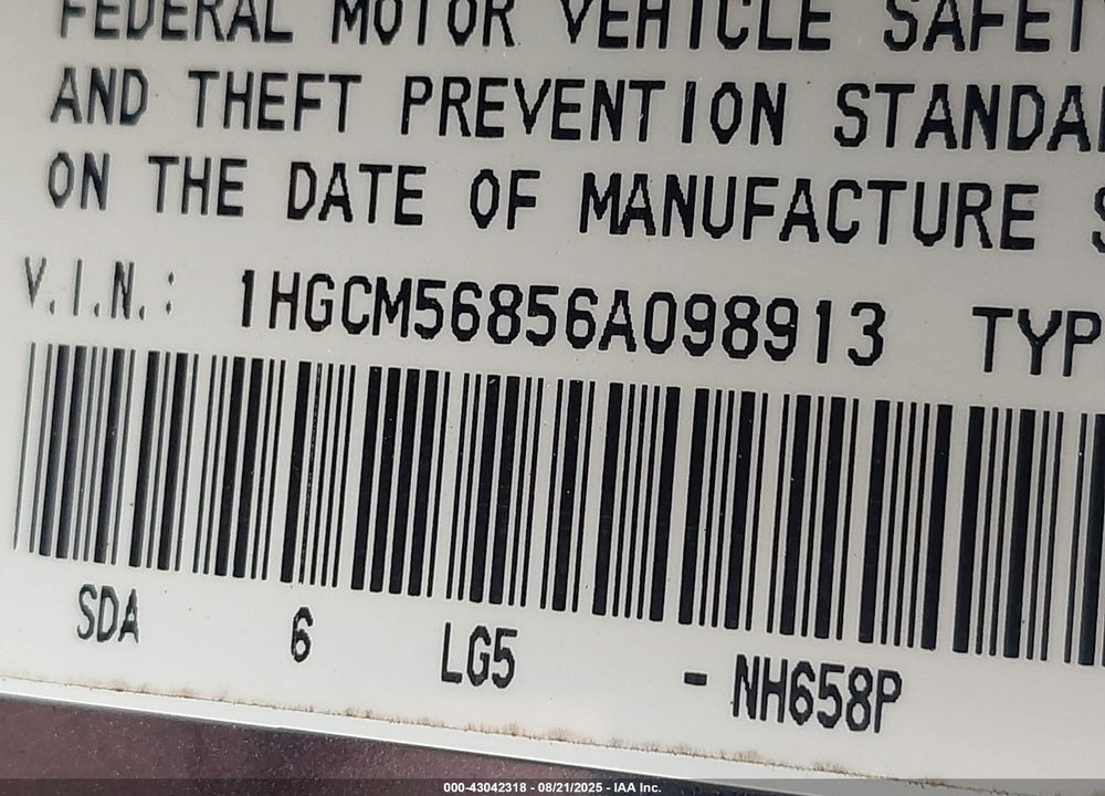 2006 HONDA ACCORD VIN: 1HGCM56856A098913