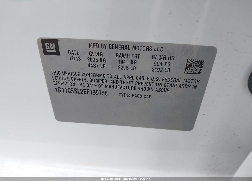 2014 CHEVROLET MALIBU VIN: 1G11C5SL2EF199758