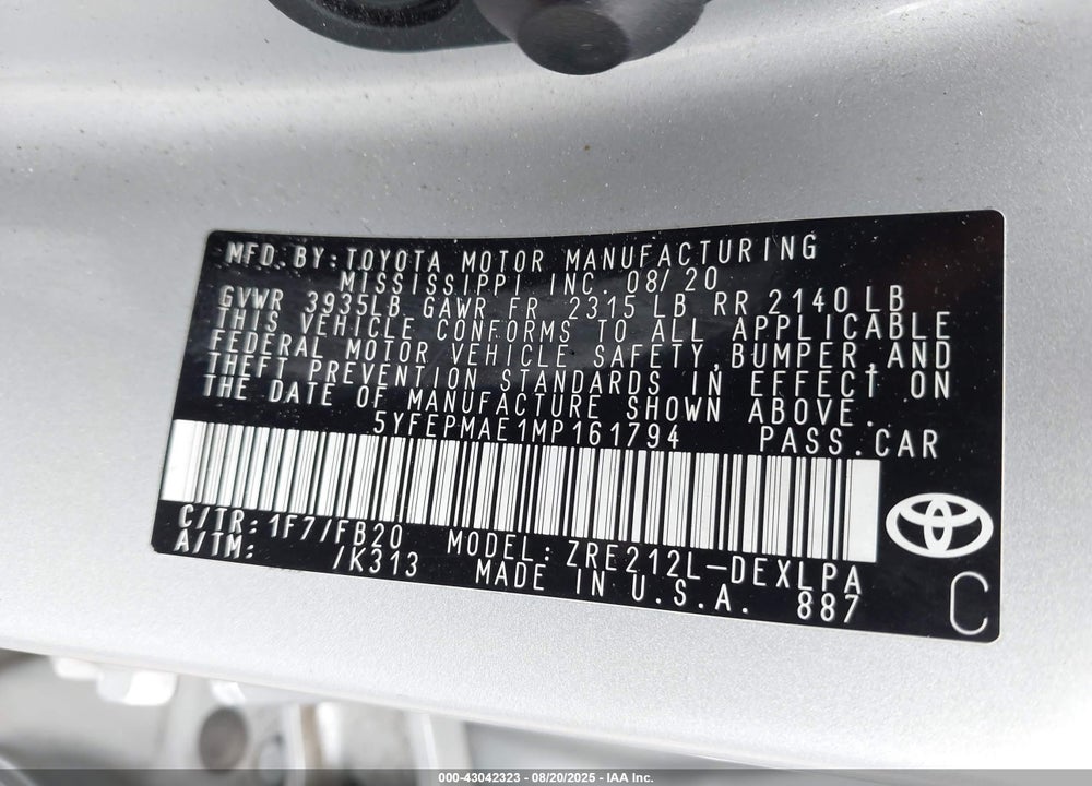 2021 TOYOTA COROLLA VIN: 5YFEPMAE1MP161794