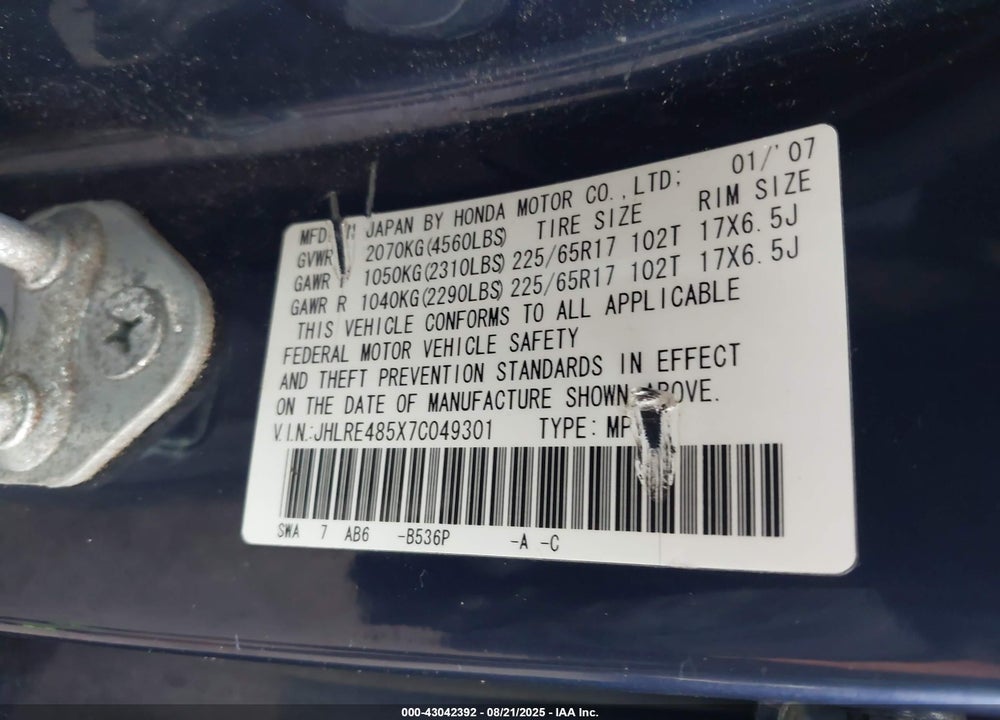 2007 HONDA CR-V EX VIN: JHLRE485X7C049301