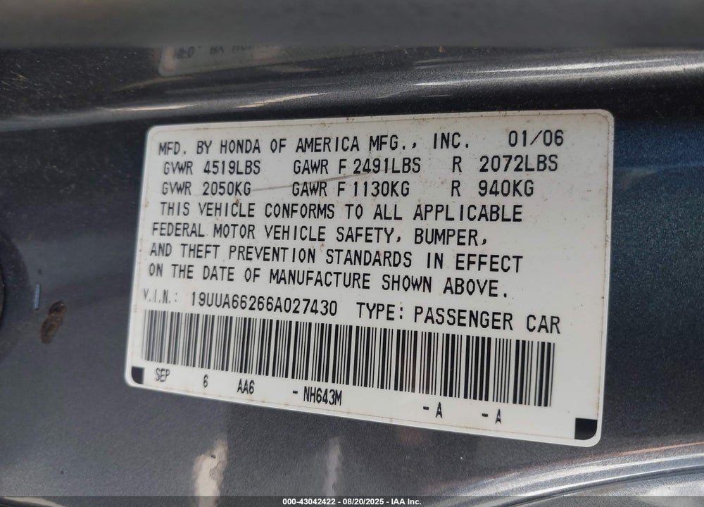 2006 ACURA TL VIN: 19UUA66266A027430