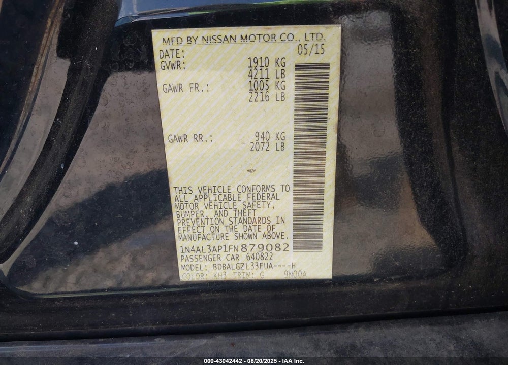 2015 NISSAN ALTIMA VIN: 1N4AL3AP1FN879082