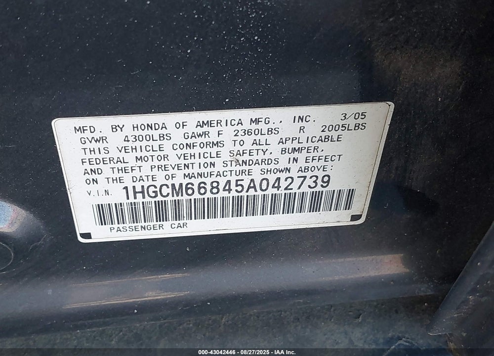 2005 HONDA ACCORD 3.0 EX VIN: 1HGCM66845A042739