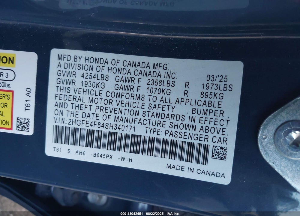 2025 HONDA CIVIC HYBRID VIN: 2HGFE4F84SH340171