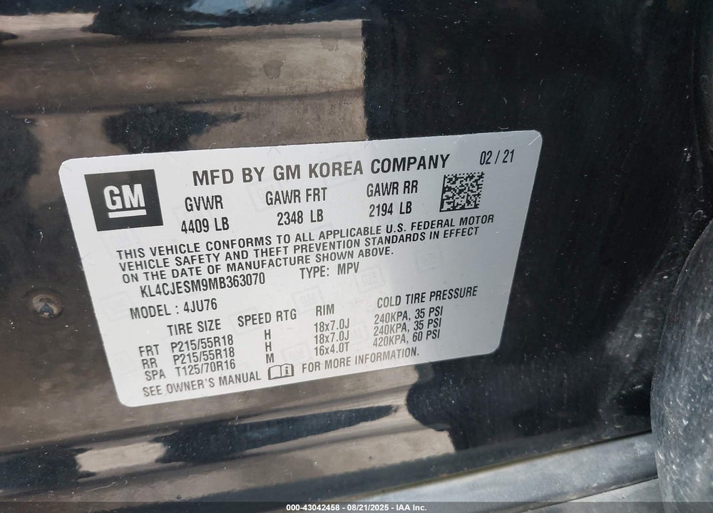 2021 BUICK ENCORE VIN: KL4CJESM9MB363070