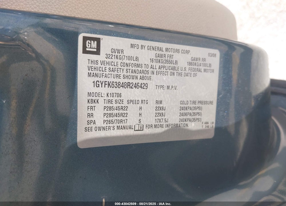 2008 CADILLAC ESCALADE VIN: 1GYFK63848R246429