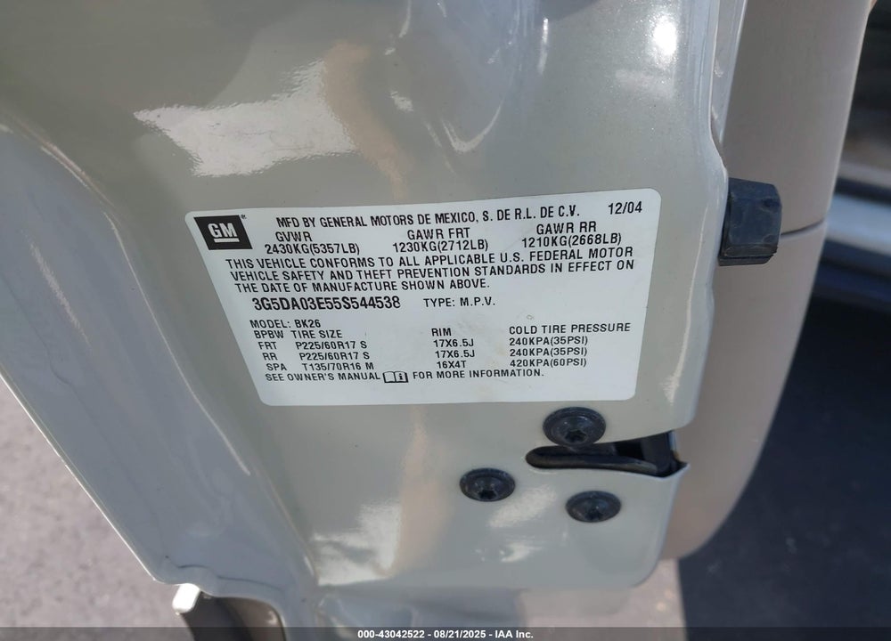 2005 BUICK RENDEZVOUS CX VIN: 3G5DA03E55S544538