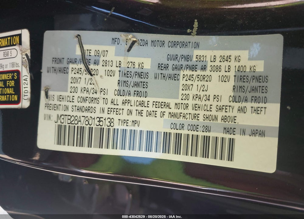 2008 MAZDA CX-9 VIN: JM3TB28A780135138
