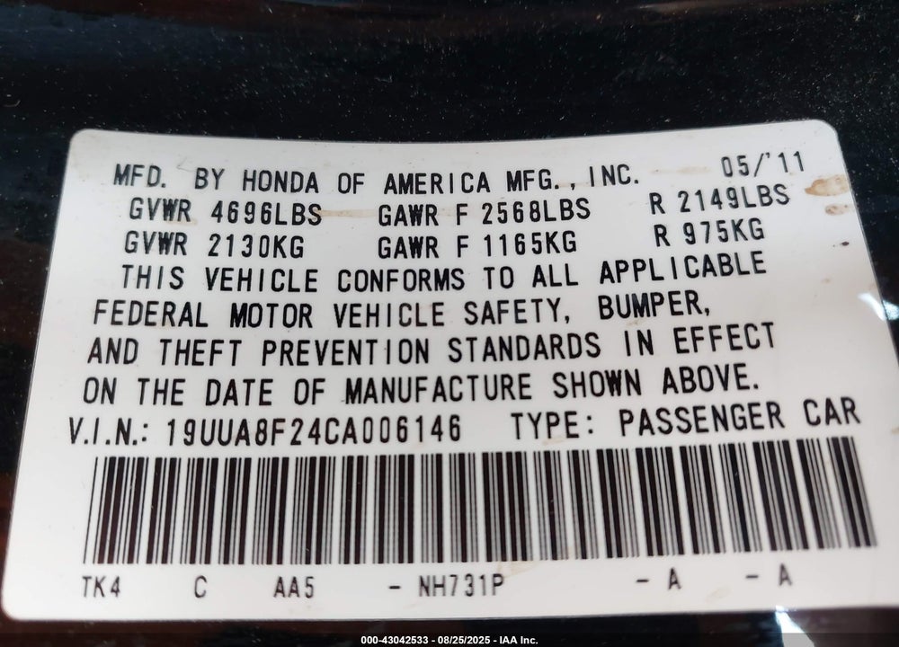 2012 ACURA TL VIN: 19UUA8F24CA006146