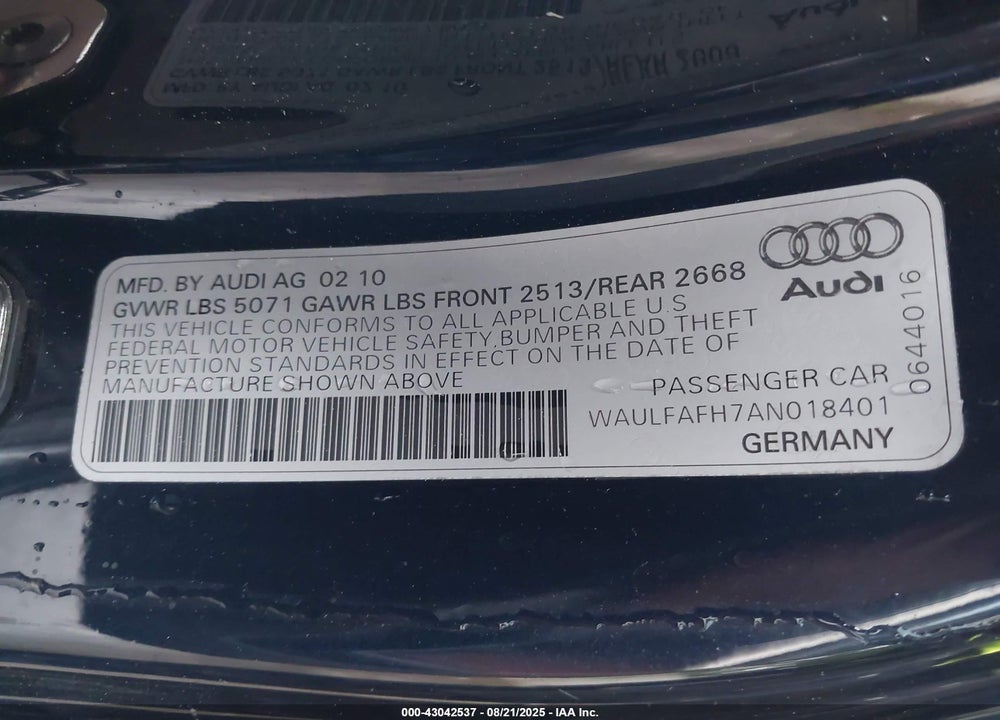 2010 AUDI A5 VIN: WAULFAFH7AN018401