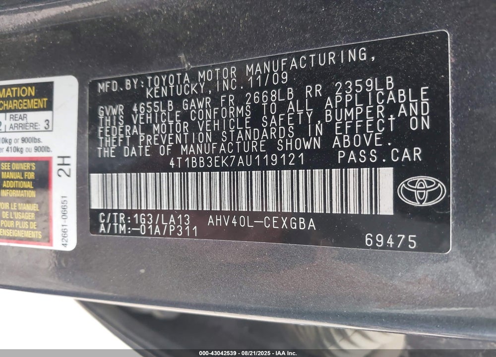 2010 TOYOTA CAMRY HYBRID VIN: 4T1BB3EK7AU119121