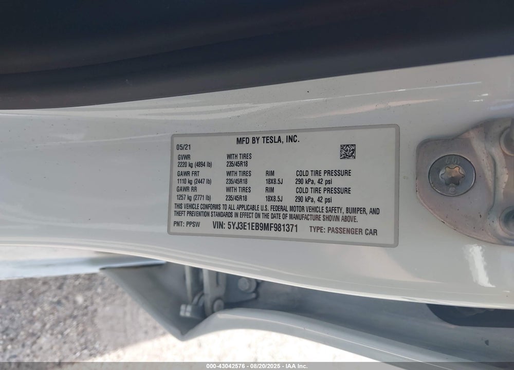 2021 TESLA MODEL 3 VIN: 5YJ3E1EB9MF981371