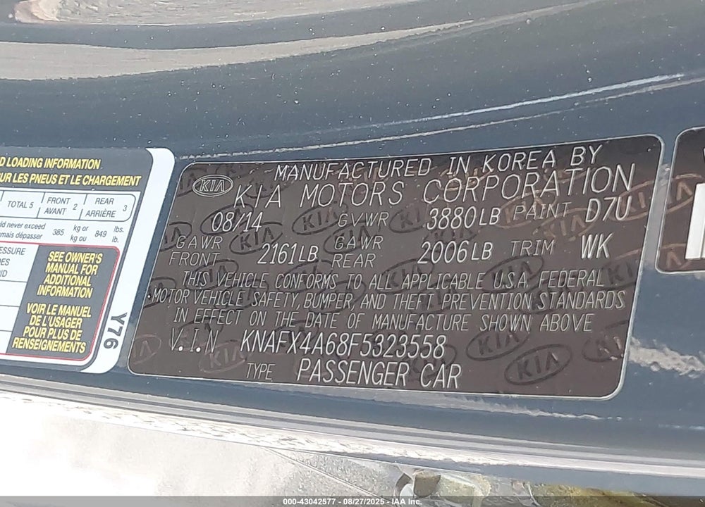 2015 KIA FORTE VIN: KNAFX4A68F5323558