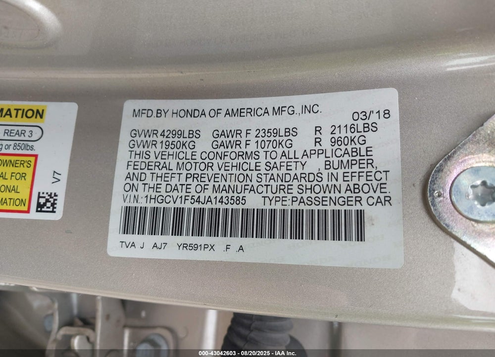 2018 HONDA ACCORD VIN: 1HGCV1F54JA143585