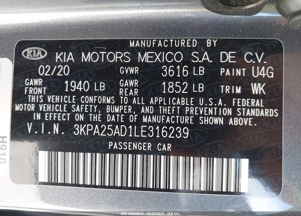 2020 KIA RIO VIN: 3KPA25AD1LE316239