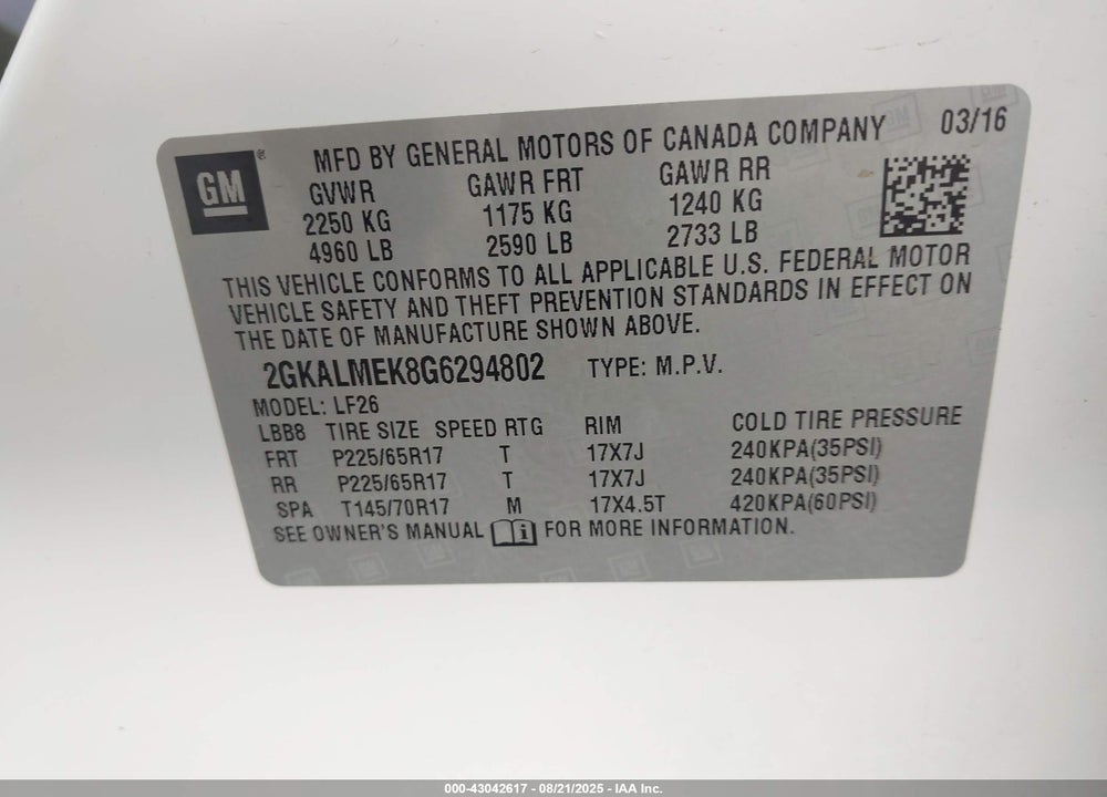 2016 GMC TERRAIN VIN: 2GKALMEK8G6294802
