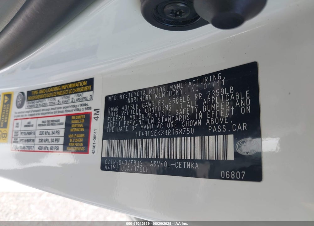 2011 TOYOTA CAMRY LE VIN: 4T4BF3EK3BR168750