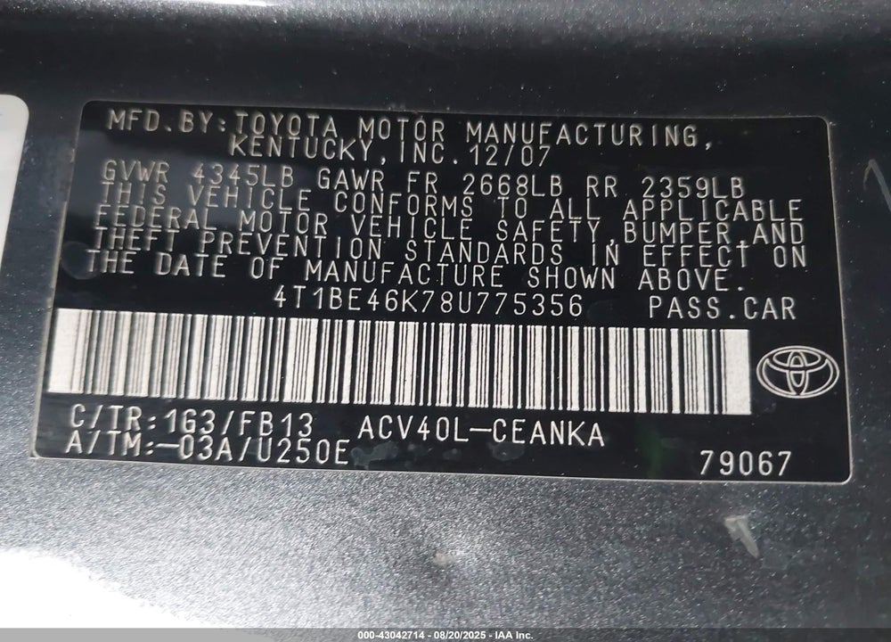 2008 TOYOTA CAMRY LE VIN: 4T1BE46K78U775356