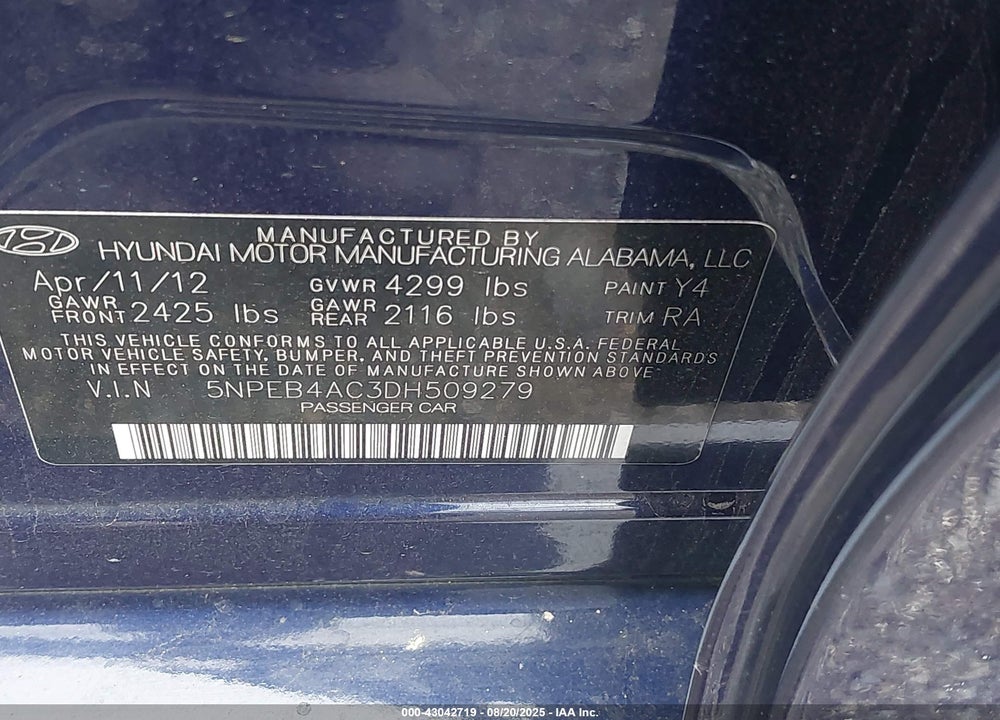 2013 HYUNDAI SONATA GLS VIN: 5NPEB4AC3DH509279