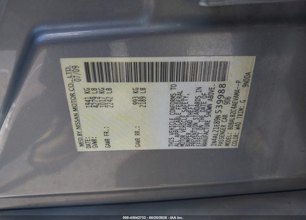 2009 NISSAN ALTIMA 2.5 S VIN: 1N4AL21E89N539988