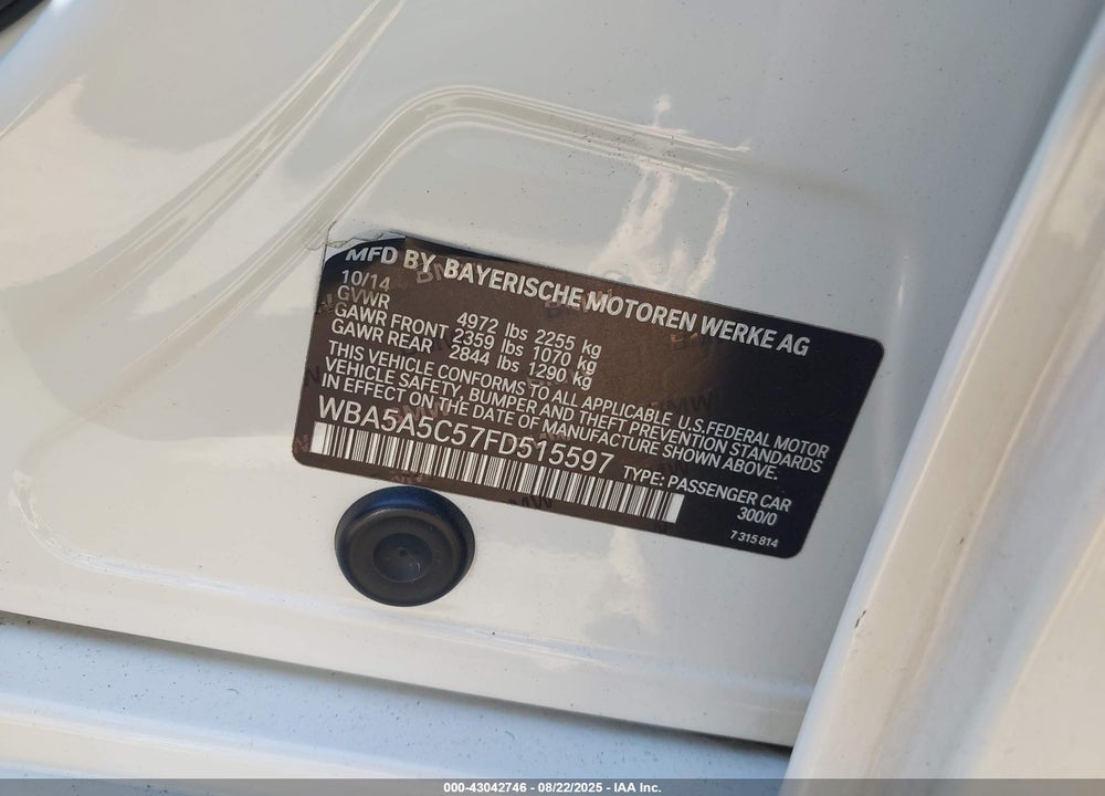 2015 BMW 5 SERIES VIN: WBA5A5C57FD515597