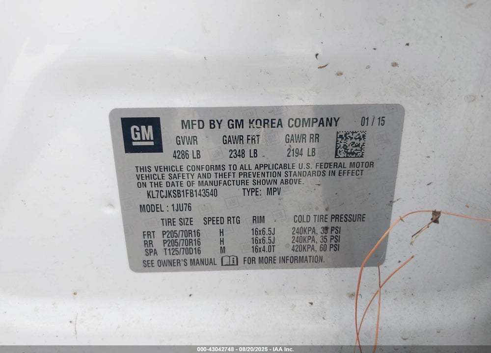 2015 CHEVROLET TRAX VIN: KL7CJKSB1FB143540