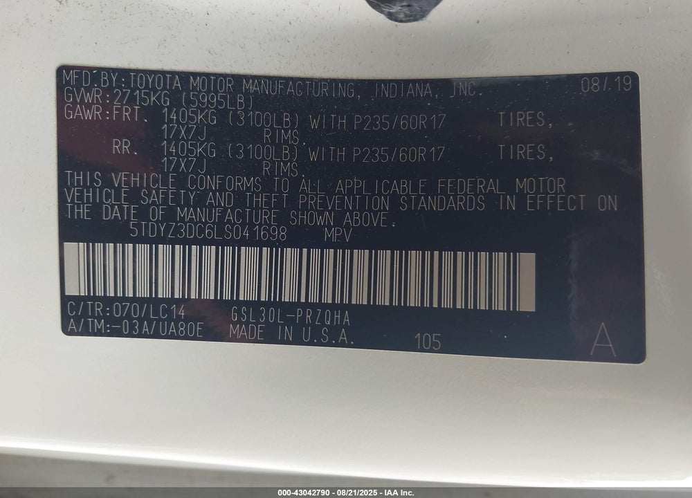 2020 TOYOTA SIENNA XLE VIN: 5TDYZ3DC6LS041698