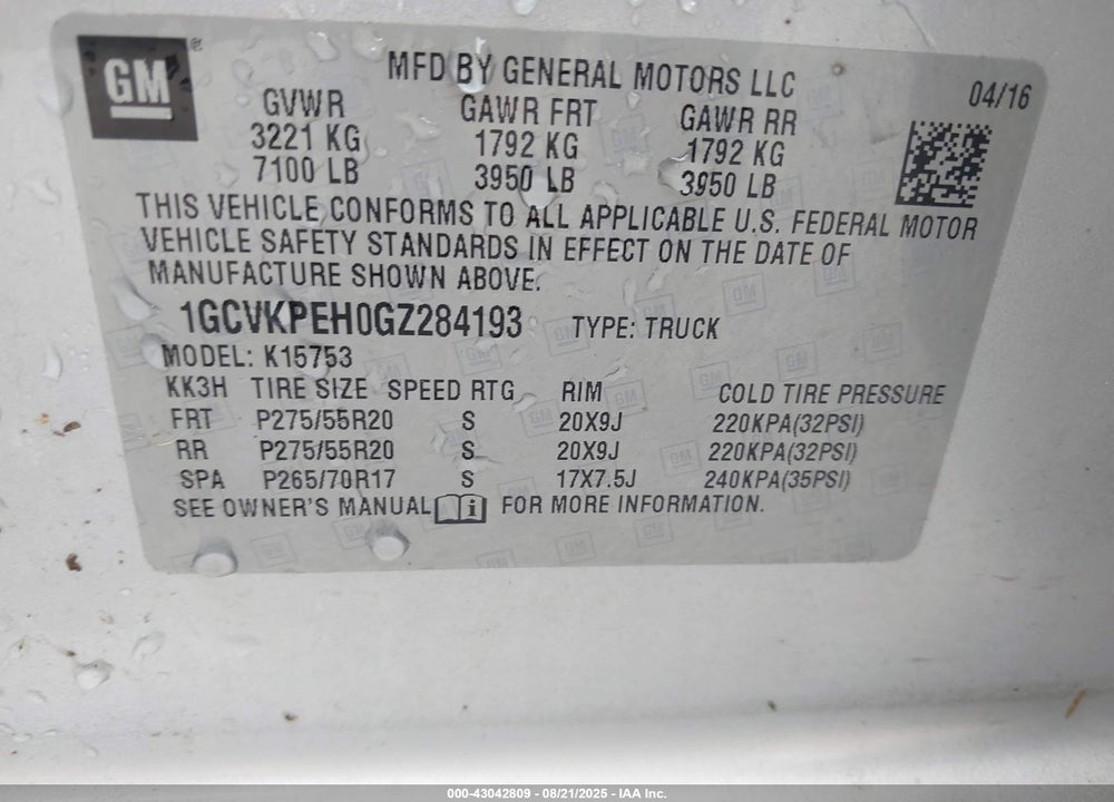 2016 CHEVROLET SILVERADO 1500 VIN: 1GCVKPEH0GZ284193