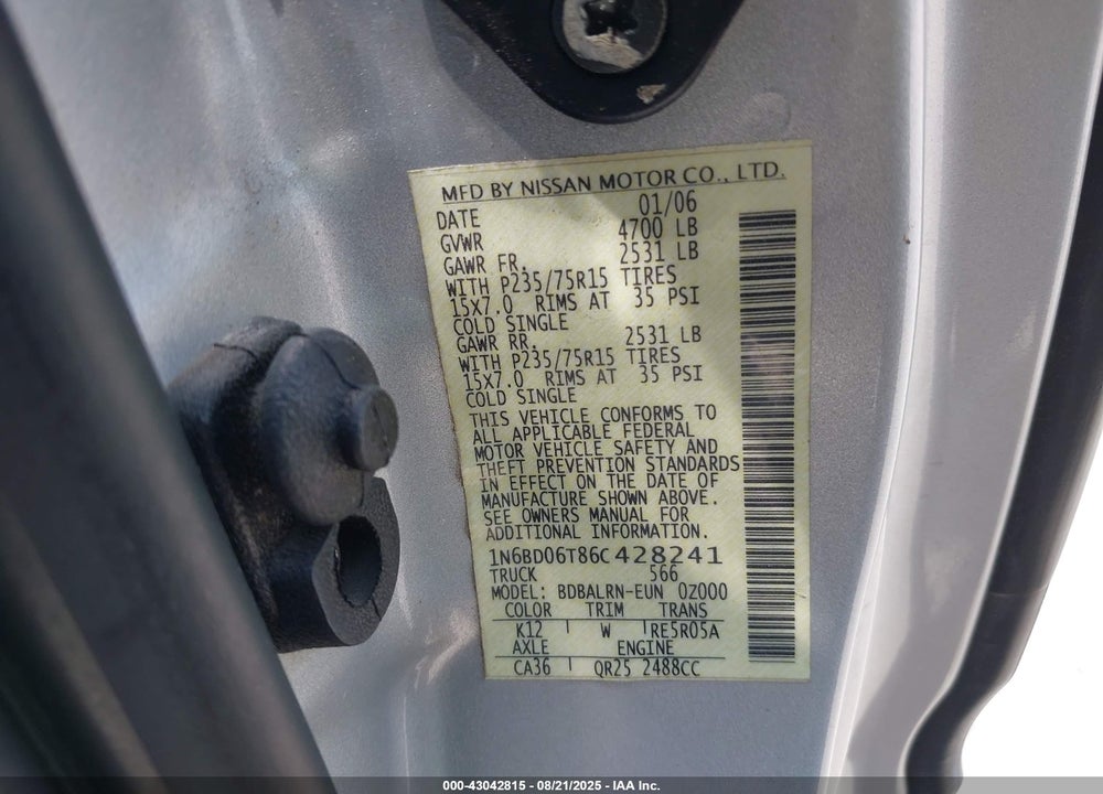 2006 FRONTIER NISSAN  XE VIN: 1N6BD06T86C428241