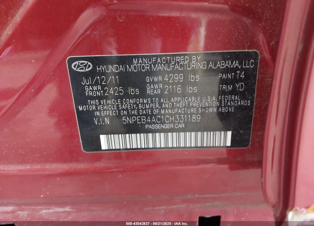 2012 HYUNDAI SONATA VIN: 5NPEB4AC1CH331189
