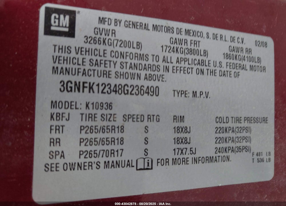 2008 CHEVROLET AVALANCHE 1500 LT VIN: 3GNFK12348G236490